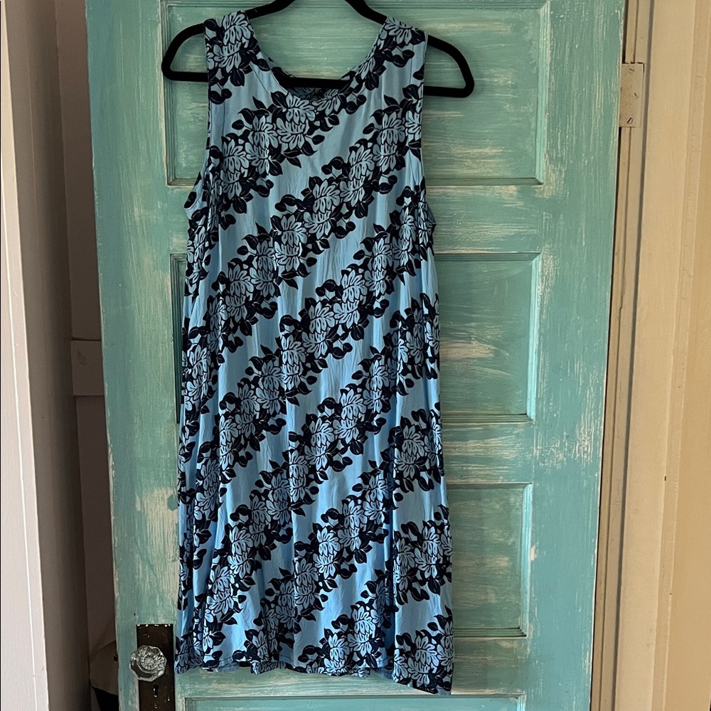 Aloha Wear Hawaiian Hawaii blue Floral Sleeveless Dress monstera lei print EUC